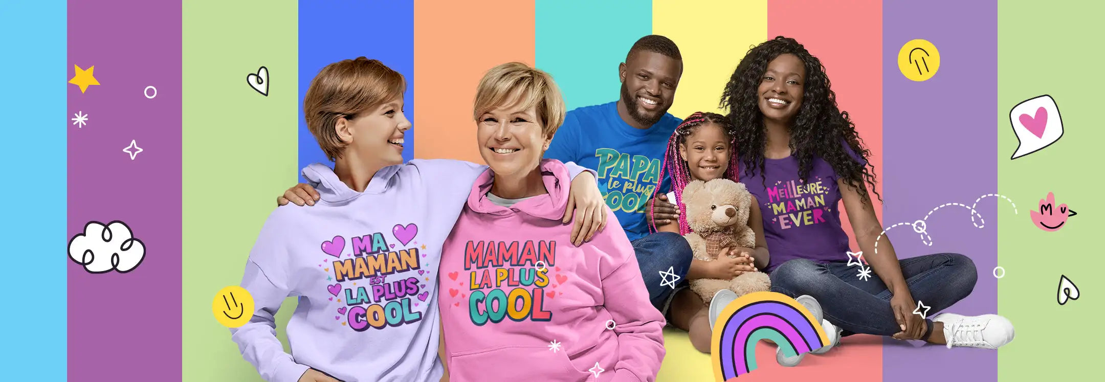 L'image présente une famille de quatre personnes, avec deux adultes et deux enfants, posant ensemble devant un arrière-plan rayé arc-en-ciel vibrant.