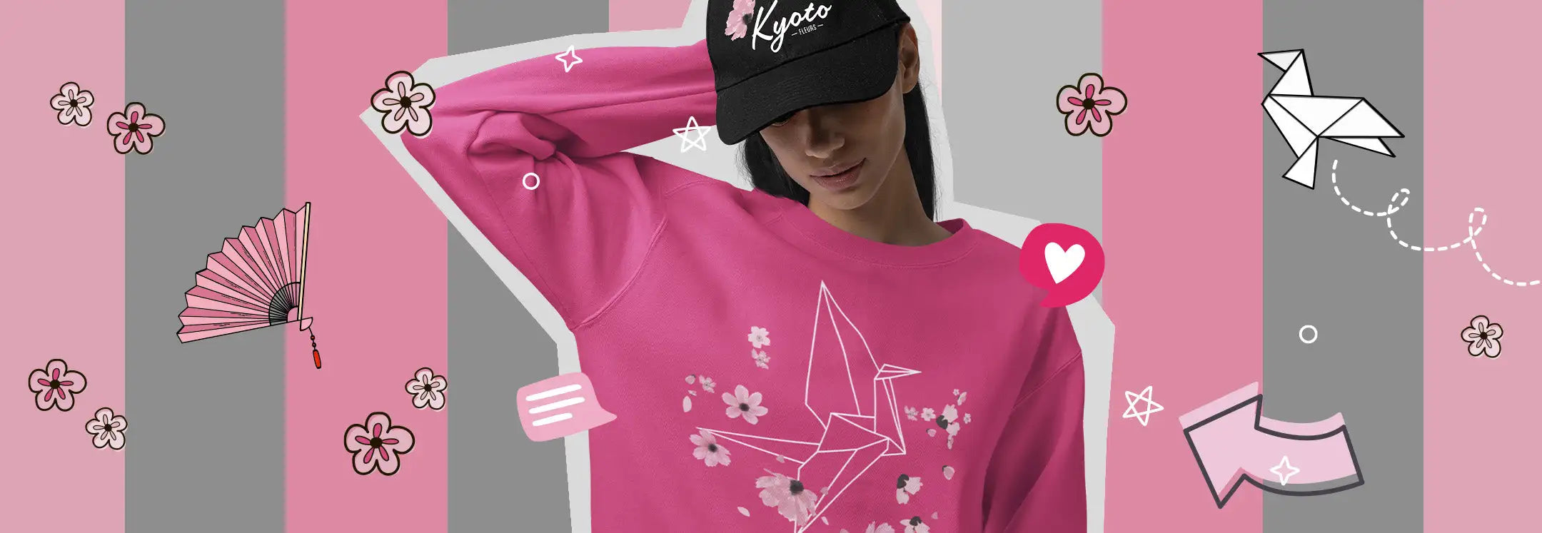 Sweat-shirt à manches longues rose avec motif grue origami blanche et fleur de cerisier