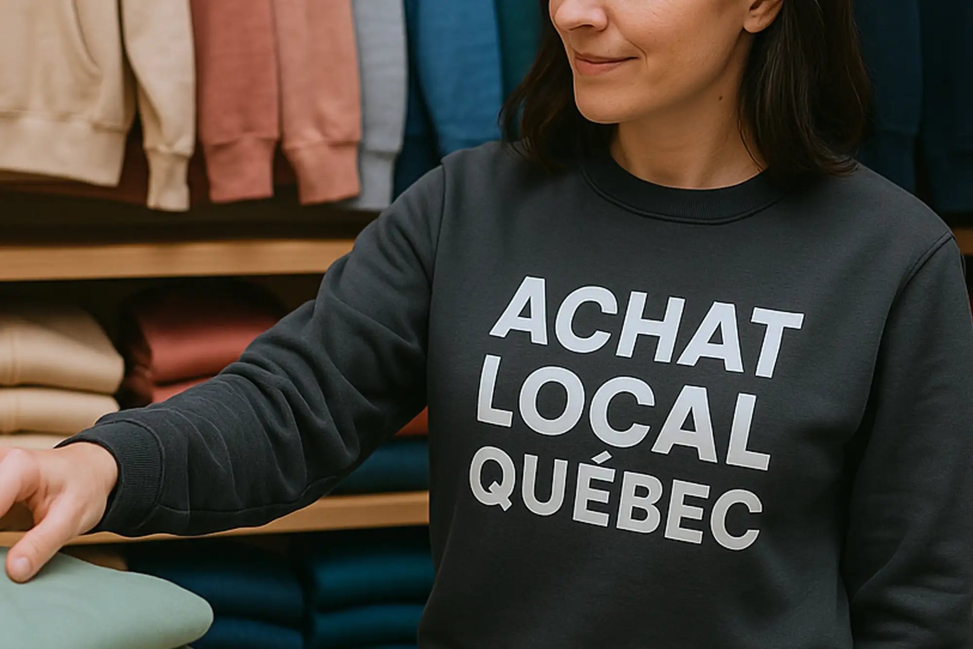 Sweatshirt gris foncé avec un texte blanc audacieux indiquant « achat local québec » sur la poitrine.