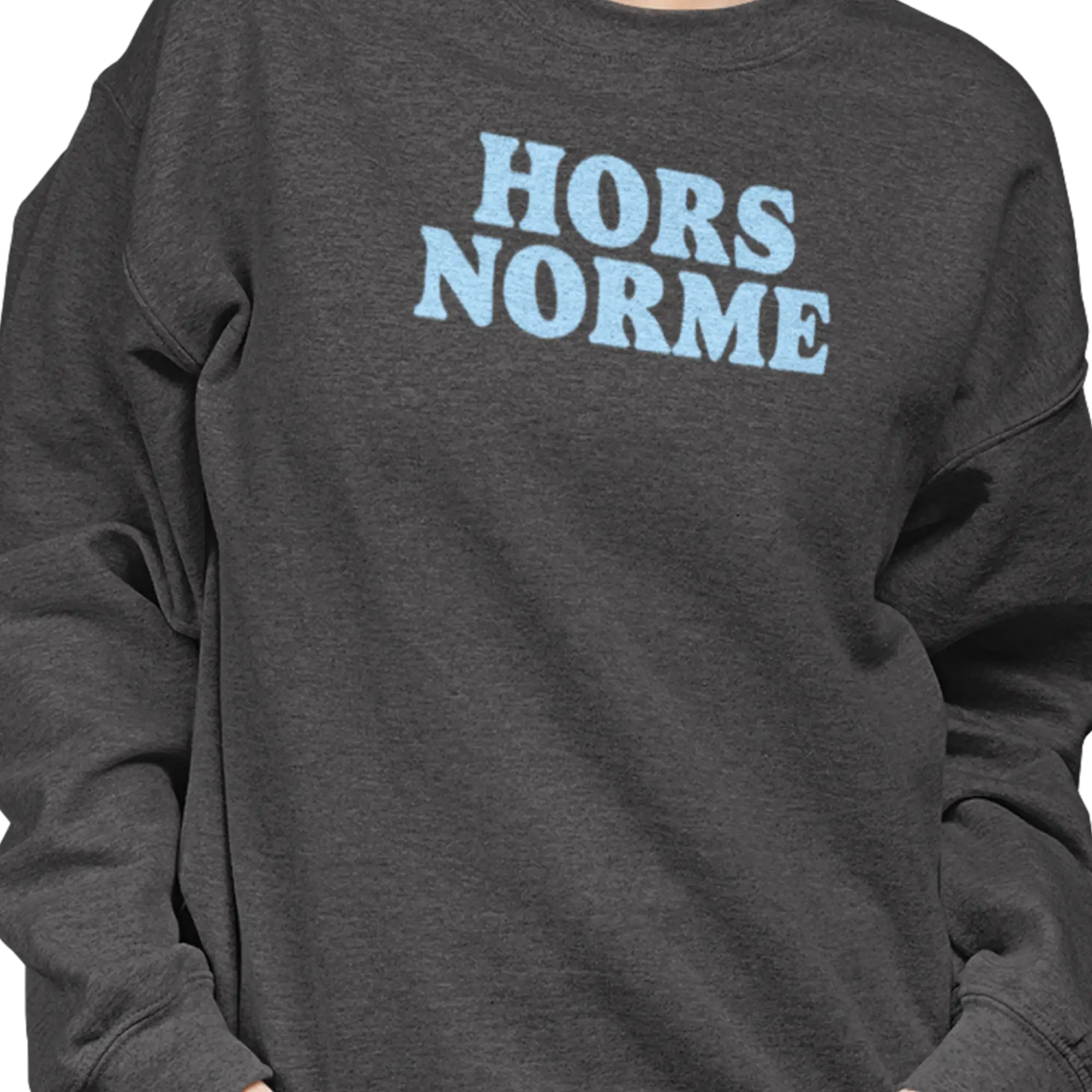 Sweatshirt gris heather foncé avec le texte ’hors norme’ en bleu clair imprimé sur la poitrine.