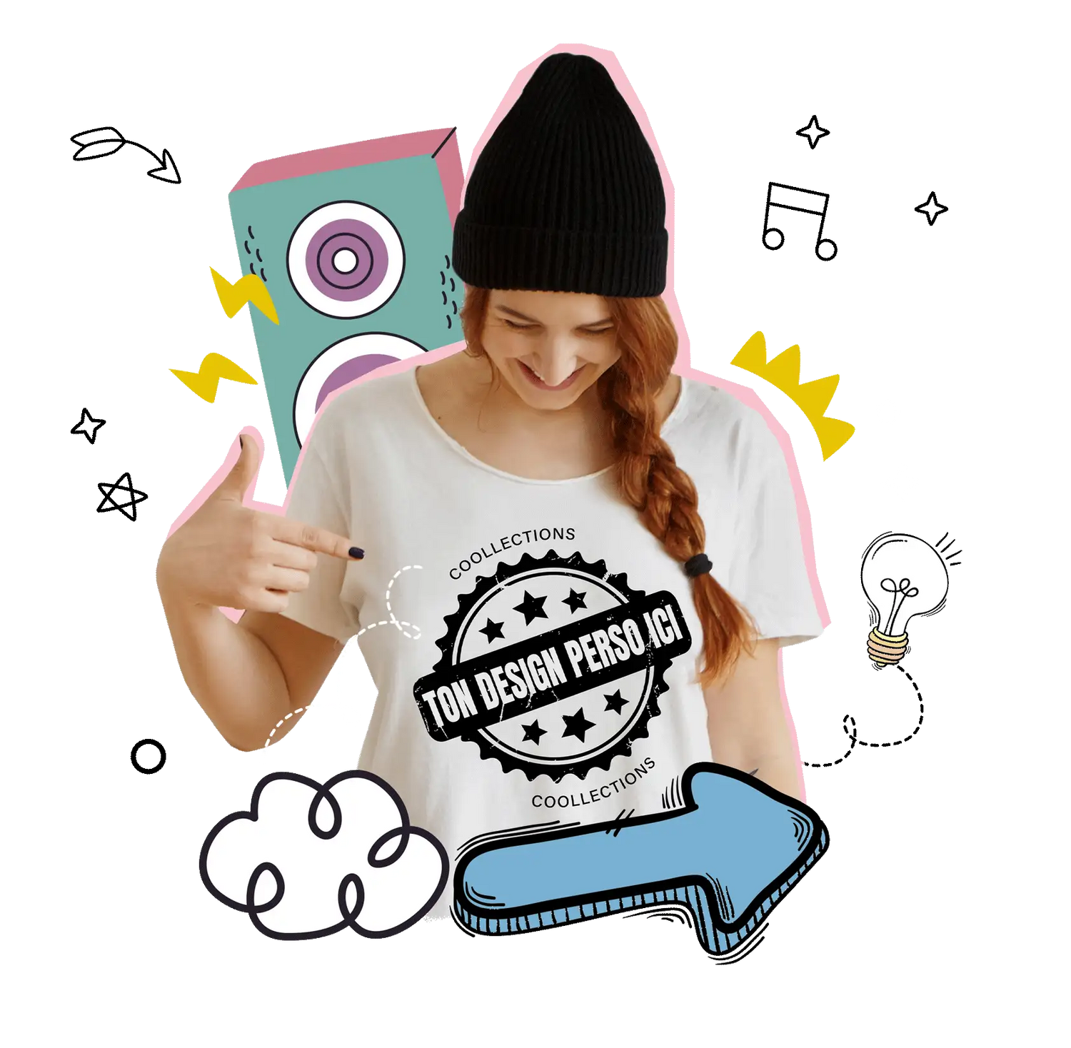 T-shirt blanc avec un design graphique noir comportant des étoiles et le texte « ton design personnalisé » à l'intérieur d'un emblème en forme d'engrenage.